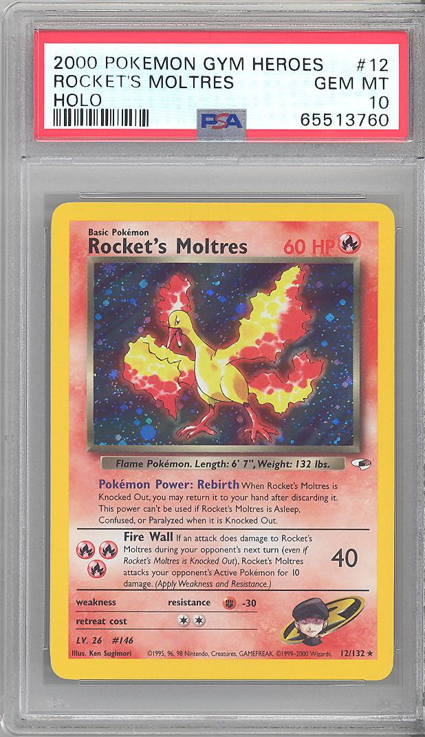 PSA 10 - Pokemon Card - Gym Heroes 12/132 - ROCKET'S MOLTRES (holo