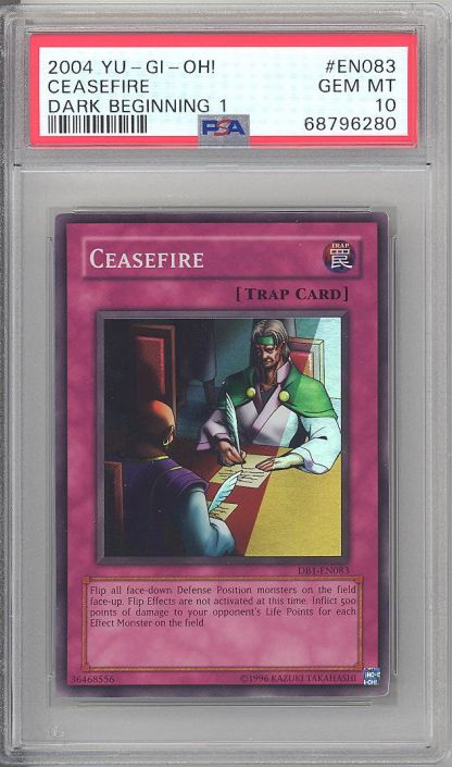 PSA 10 - Yu-Gi-Oh Card - DB1-EN083 - CEASEFIRE (super rare holo) - GEM  MINT: BBToyStore.com - Toys, Plush, Trading Cards, Action Figures & Games  online retail store shop sale