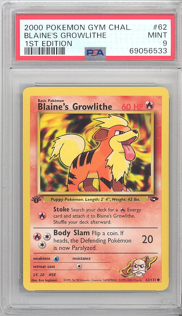 PSA 9 - Pokemon Card - Gym Challenge 62/132 - BLAINE'S GROWLITHE (common)  *1st Edition* - MINT