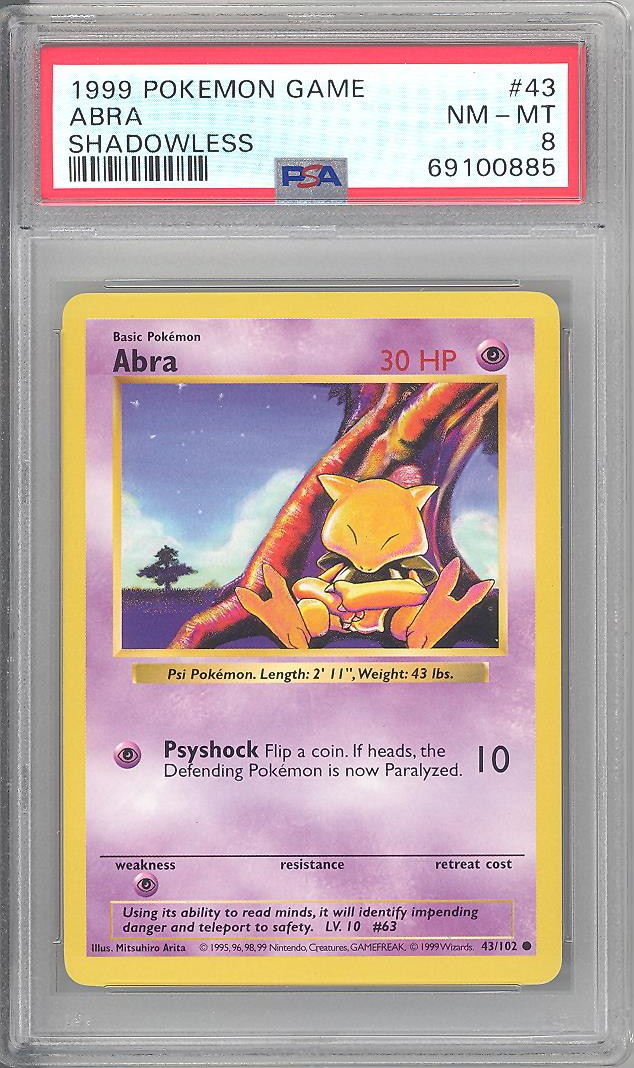 PSA 8 - Pokemon Card - Base 43/102 - ABRA (common) *Shadowless* - NM-MT