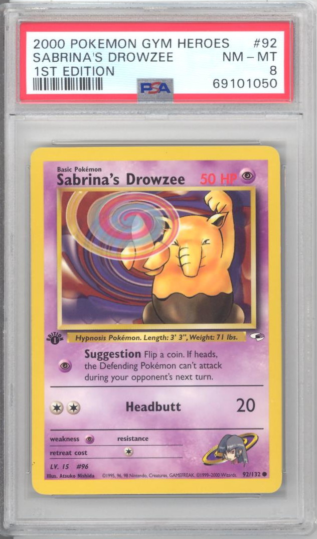 PSA 8 - Pokemon Card - Gym Heroes 92/132 - SABRINA'S DROWZEE (common) *1st  Edition* - NM-MT