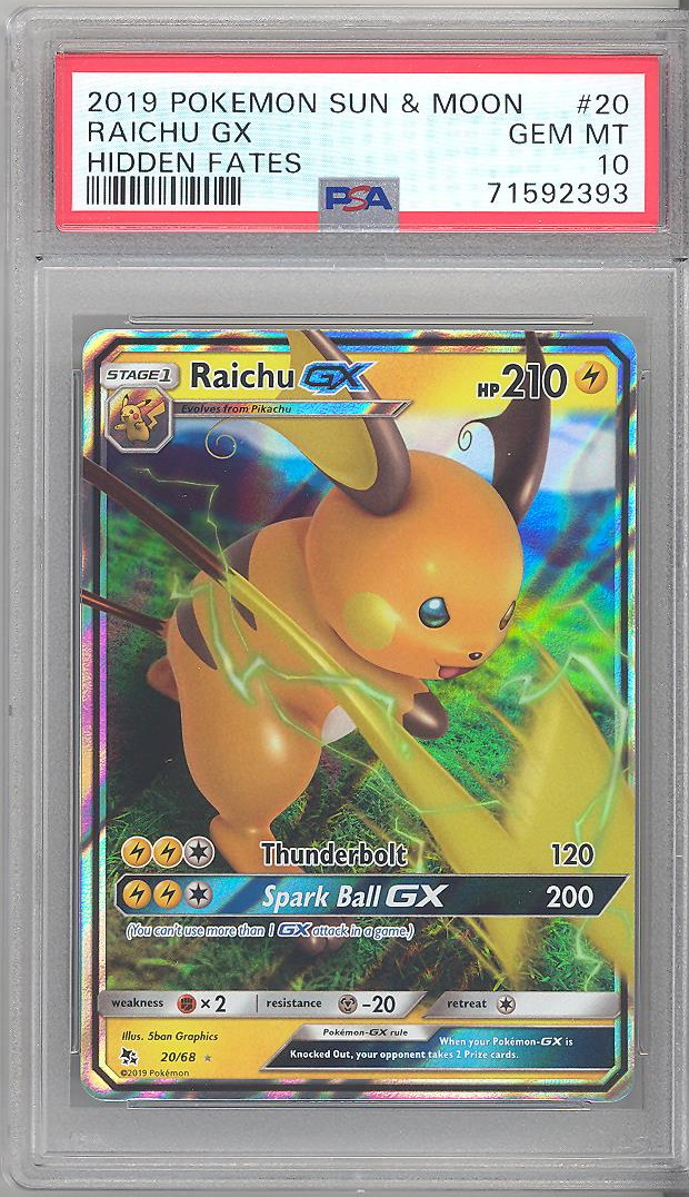 PSA 10 - Pokemon Card - Sun & Moon Hidden Fates 20/68 - RAICHU GX