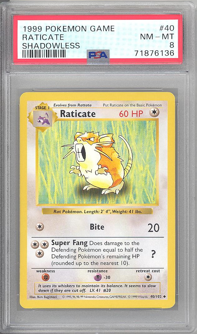 PSA 8 - Pokemon Card - Base 40/102 - RATICATE (uncommon) *Shadowless* -  NM-MT