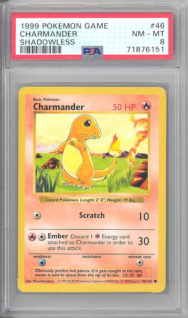 PSA 8 - Pokemon Card - Base 46/102 - CHARMANDER (common) *Shadowless* -  NM-MT