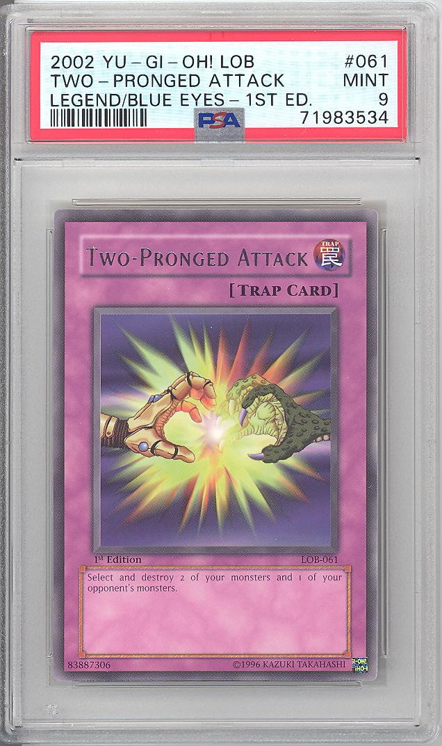 PSA 9 - Yu-Gi-Oh Card - LOB-061 - TWO-PRONGED ATTACK (rare) **1st Edition**  - MINT