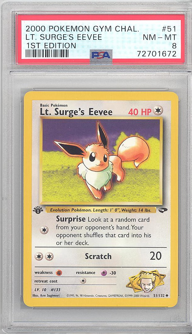 PSA 8 - Pokemon Card - Gym Challenge 51/132 - LT. SURGE'S EEVEE (uncommon)  *1st Edition* - NM-MT