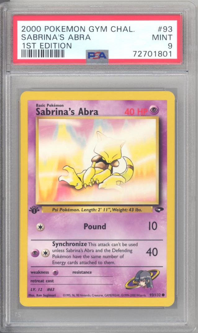 PSA 9 - Pokemon Card - Gym Challenge 93/132 - SABRINA'S ABRA (common) *1st  Edition* - MINT