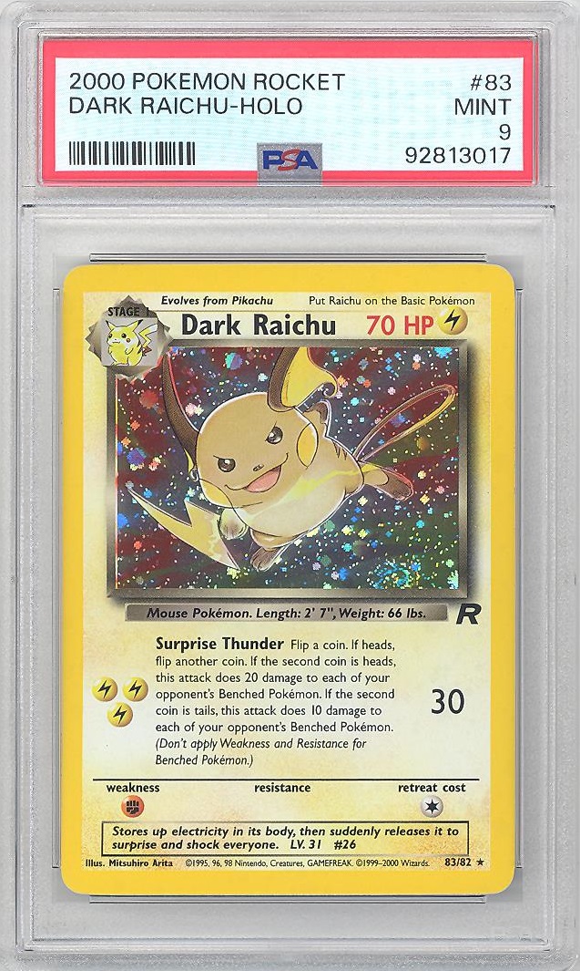 PSA 9 - Pokemon Card - Team Rocket 83/82 - DARK RAICHU (holo-foil) - MINT:  BBToyStore.com - Toys, Plush, Trading Cards, Action Figures & Games online  retail store shop sale