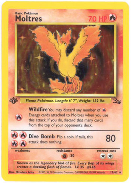 Pokemon Card - Fossil 12/62 - MOLTRES (holo-foil) [1st Edition] *Played*