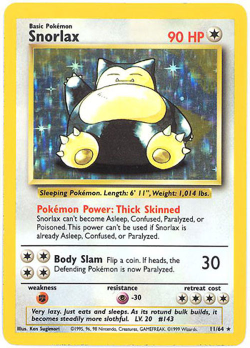 Pokemon Card - Jungle 11/64 - SNORLAX (holo-foil) *ERROR No Symbol* *Played*