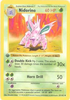 Pokemon Card - Base 37/102 - NIDORINO (uncommon) **1st Edition** *Played*