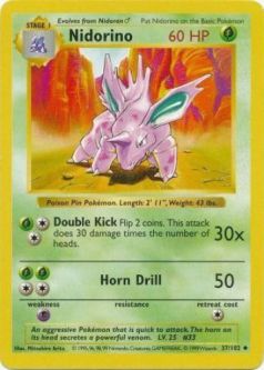 Pokemon Card - Base 37/102 - NIDORINO (uncommon) [Shadowless] *Played*