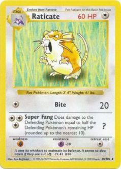 Pokemon Card - Base 40/102 - RATICATE (uncommon) [Shadowless] *Played*