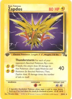 Pokemon Card - Fossil 30/62 - ZAPDOS (rare) *1st Edition*